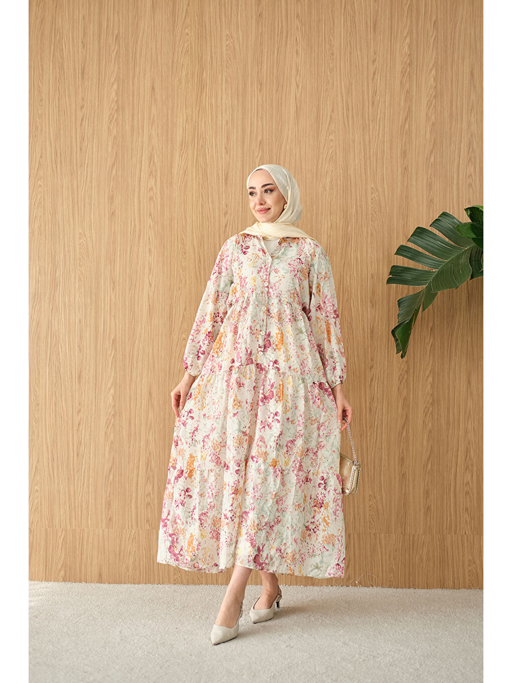Kadın Vintage Çiçek Desen Elbise Mürdüm-1