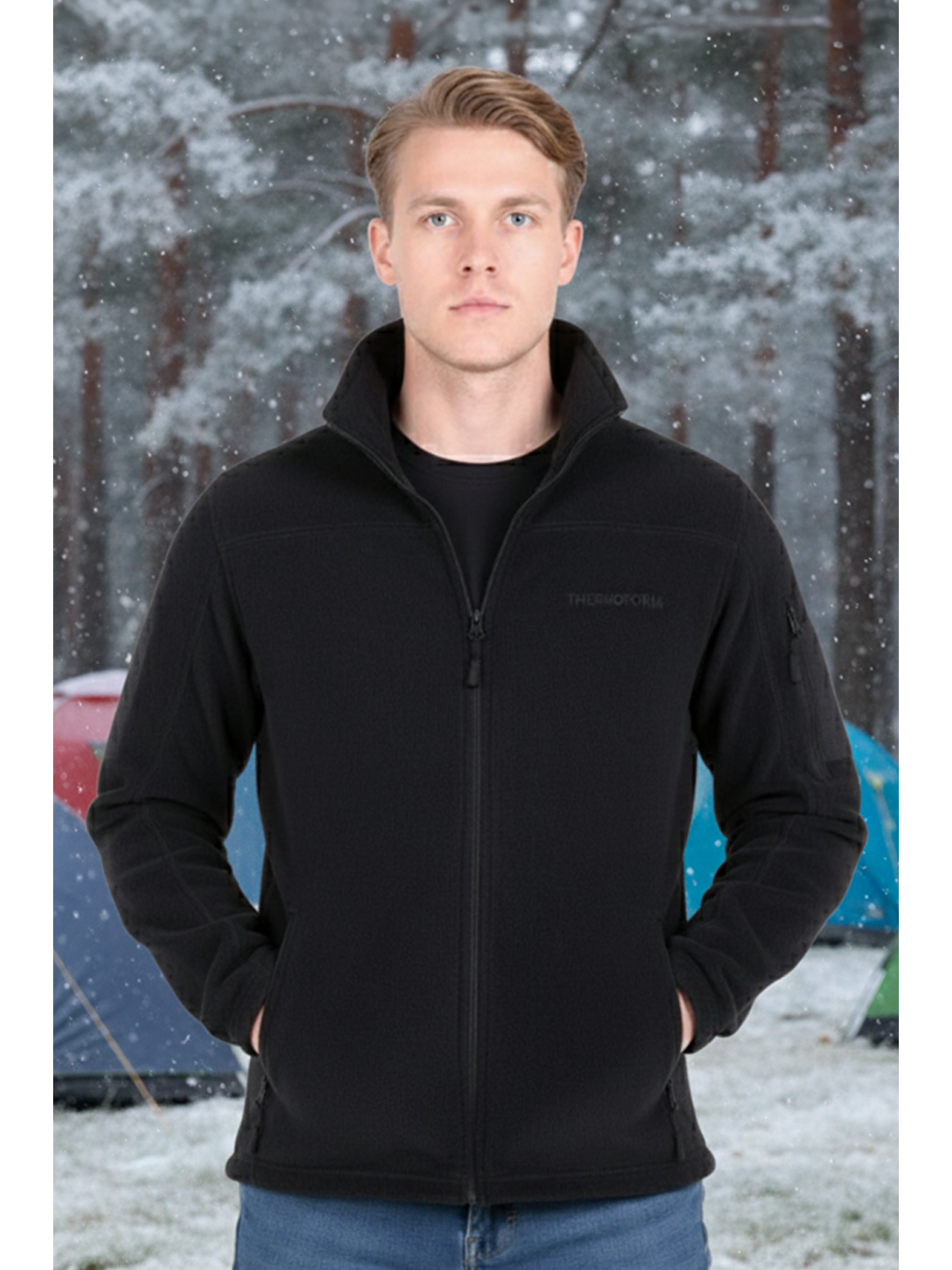 Siyah Erkek Polar Dik Yaka Fermuarlı Sweatshirt-3