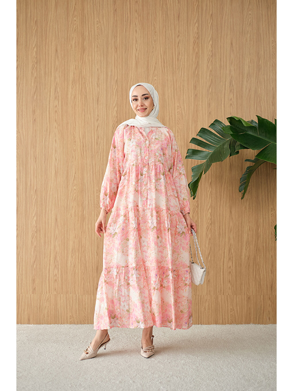 Kadın Şakayık Desen Elbise Pembe-4