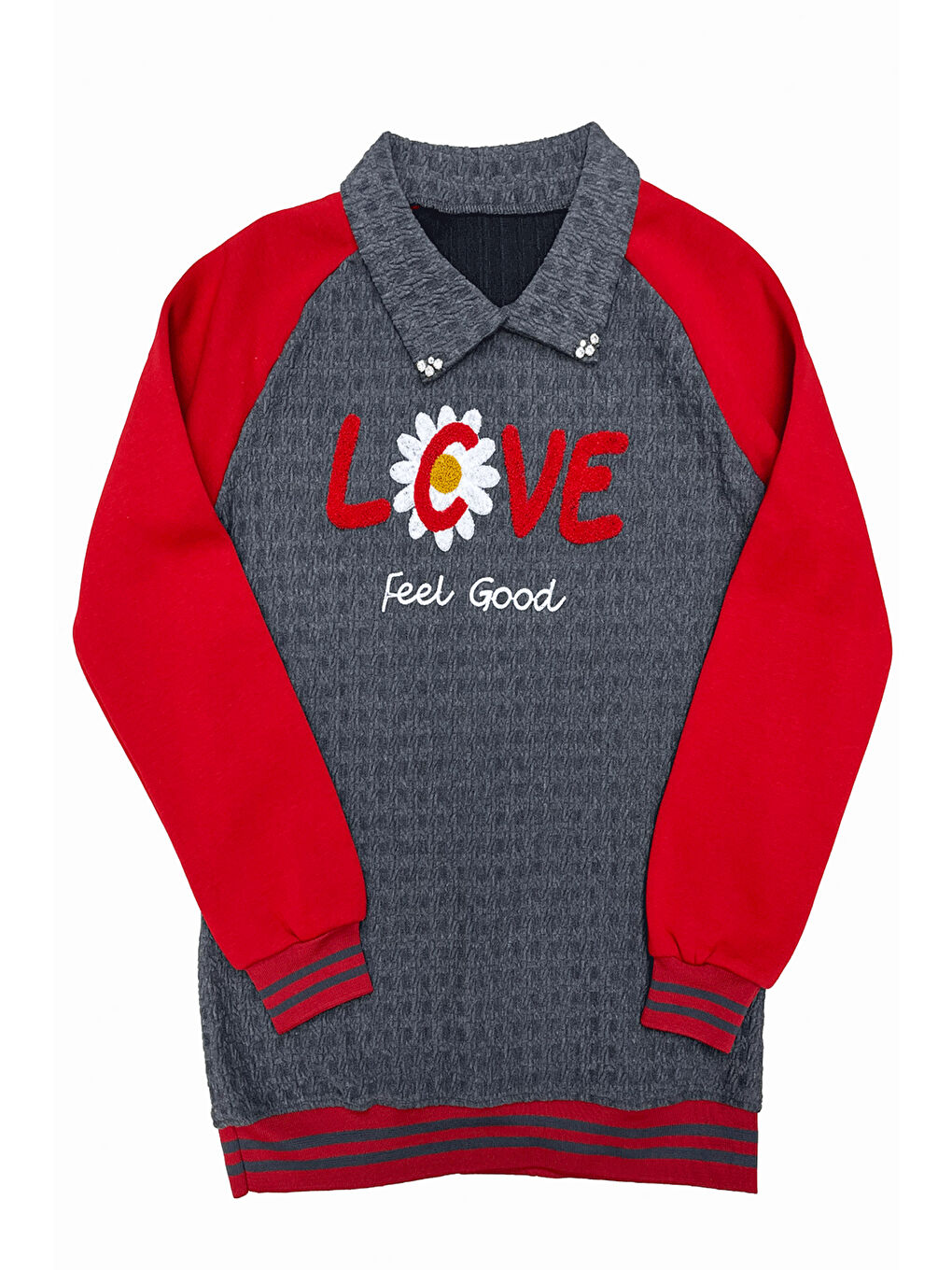 Kırmızı Kız Çocuk Kargo Cepli Gömlek Yakalı ve Yaka Taşlı 3 İplik Alt Üst Takım 12328-1