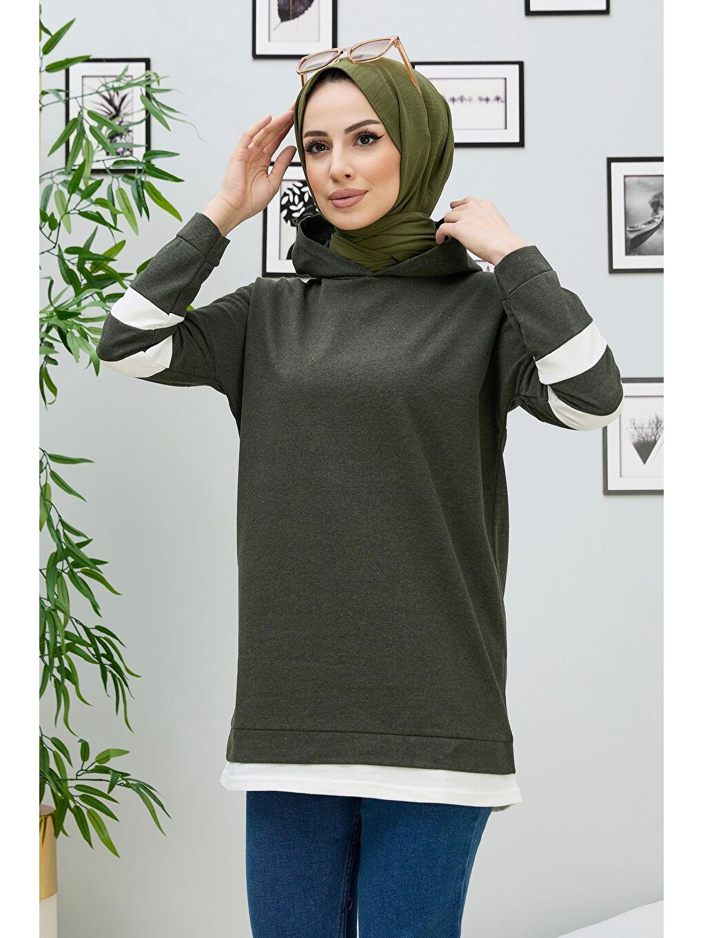 Kapüşonlu Yaka Kadın Haki Tunik - 3426-4