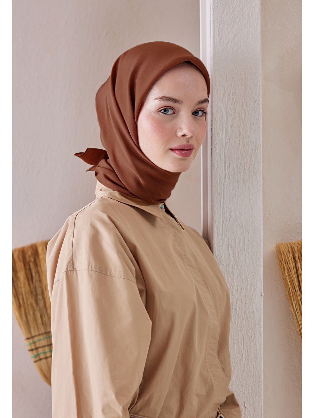 Kahverengi Pamuk İpek Eşarp Kızıl Kahve-4