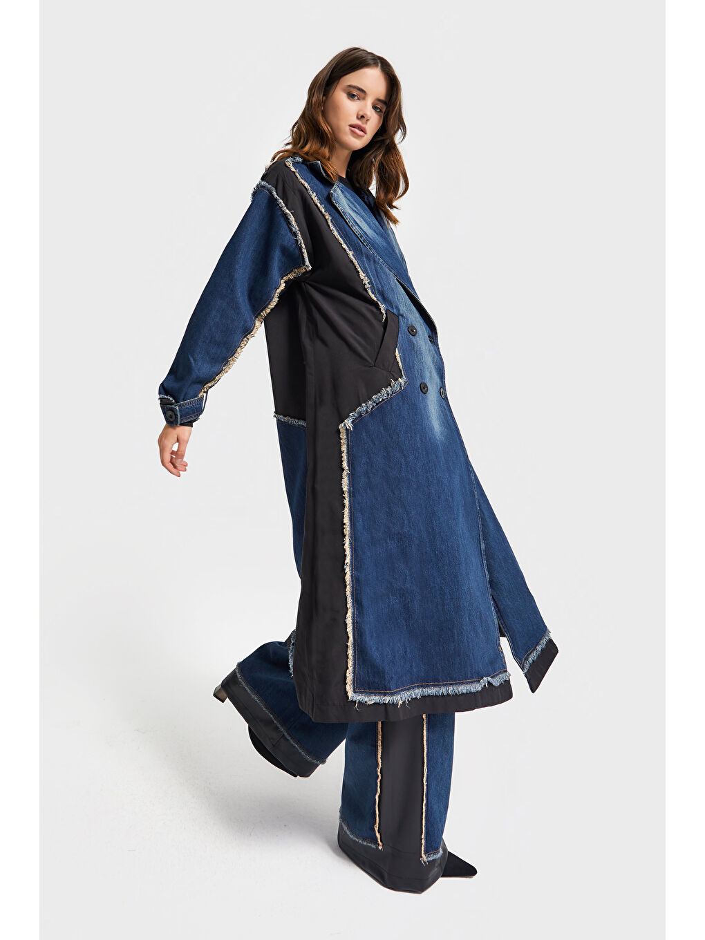 Mavi Kadın Jean Rengi Oversize Çift Parça Kumaş Özel Tasarım Denim Trençkot Kaban