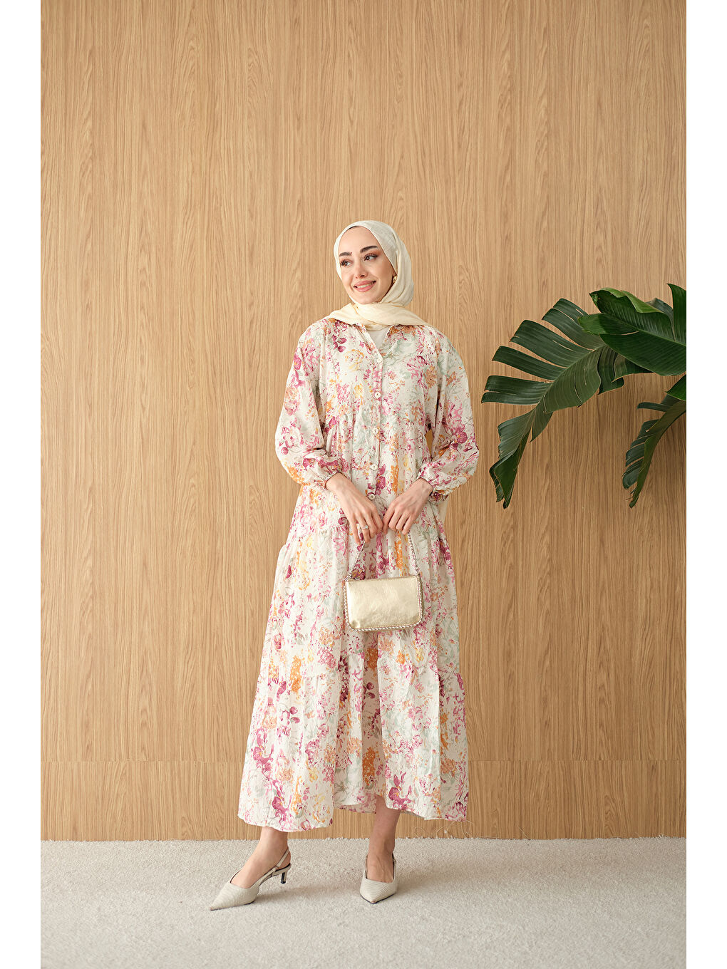 Kadın Vintage Çiçek Desen Elbise Mürdüm-3