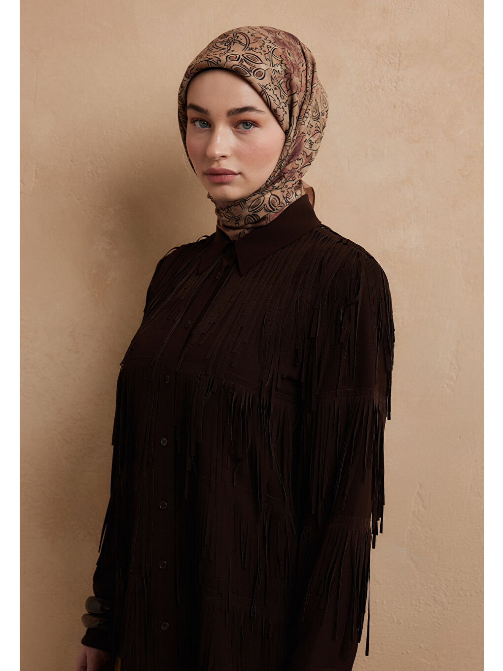 Kahverengi Hesperıa Desen Pamuk İpek Eşarp Soğan Kabuğu-3