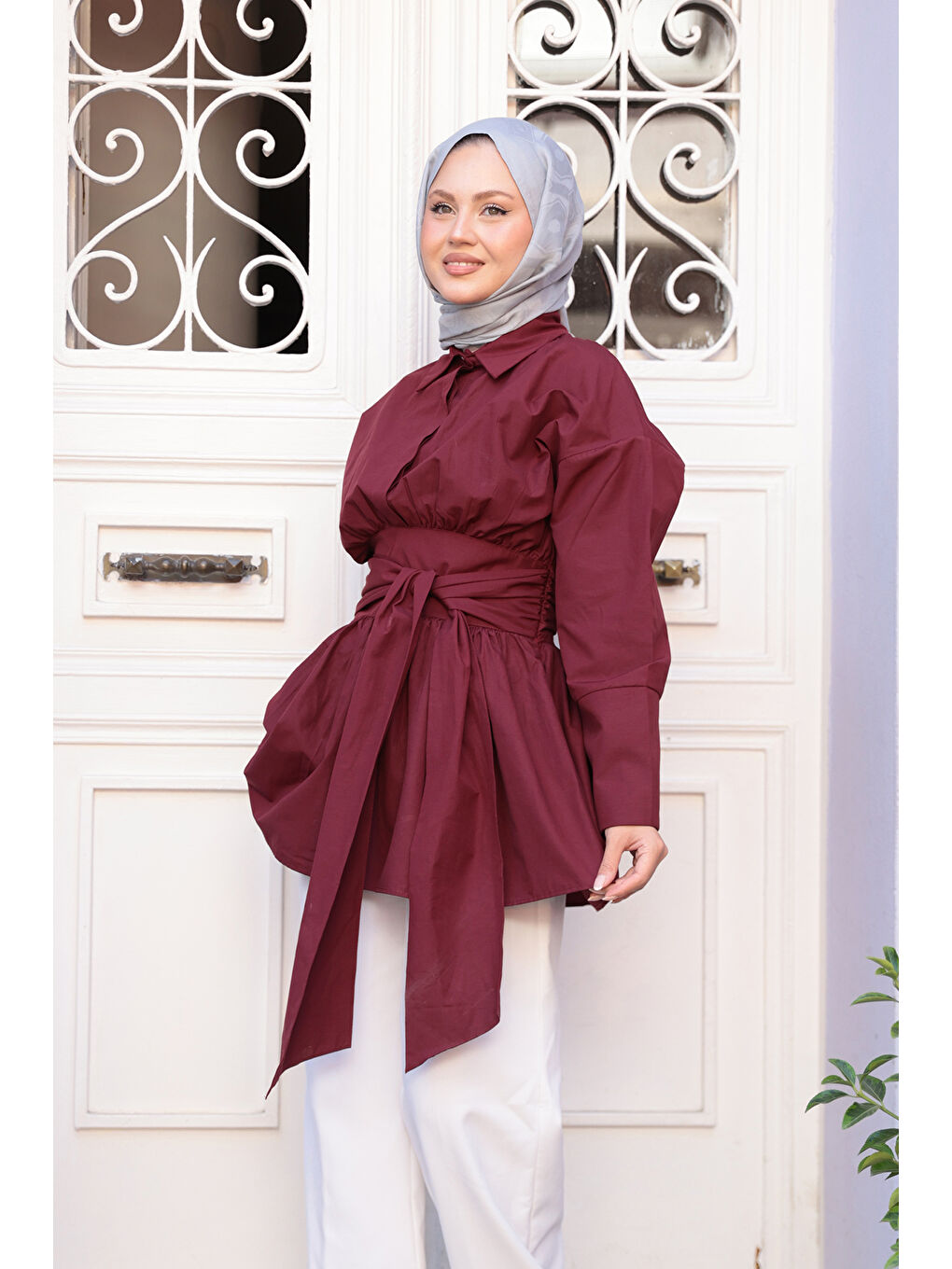 Kadın Bali Poplin Gömlek Bordo-2