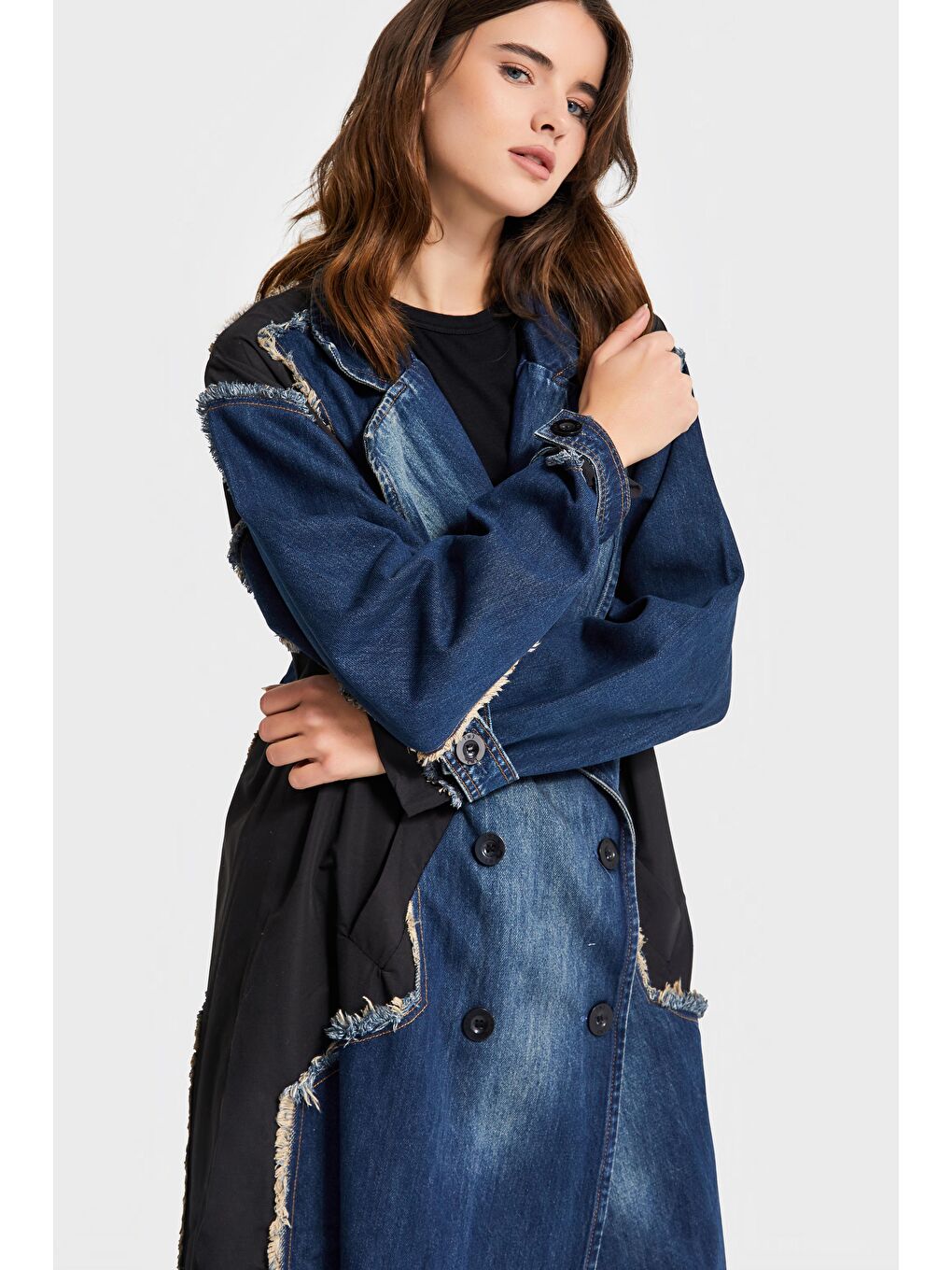Mavi Kadın Jean Rengi Oversize Çift Parça Kumaş Özel Tasarım Denim Trençkot Kaban-1