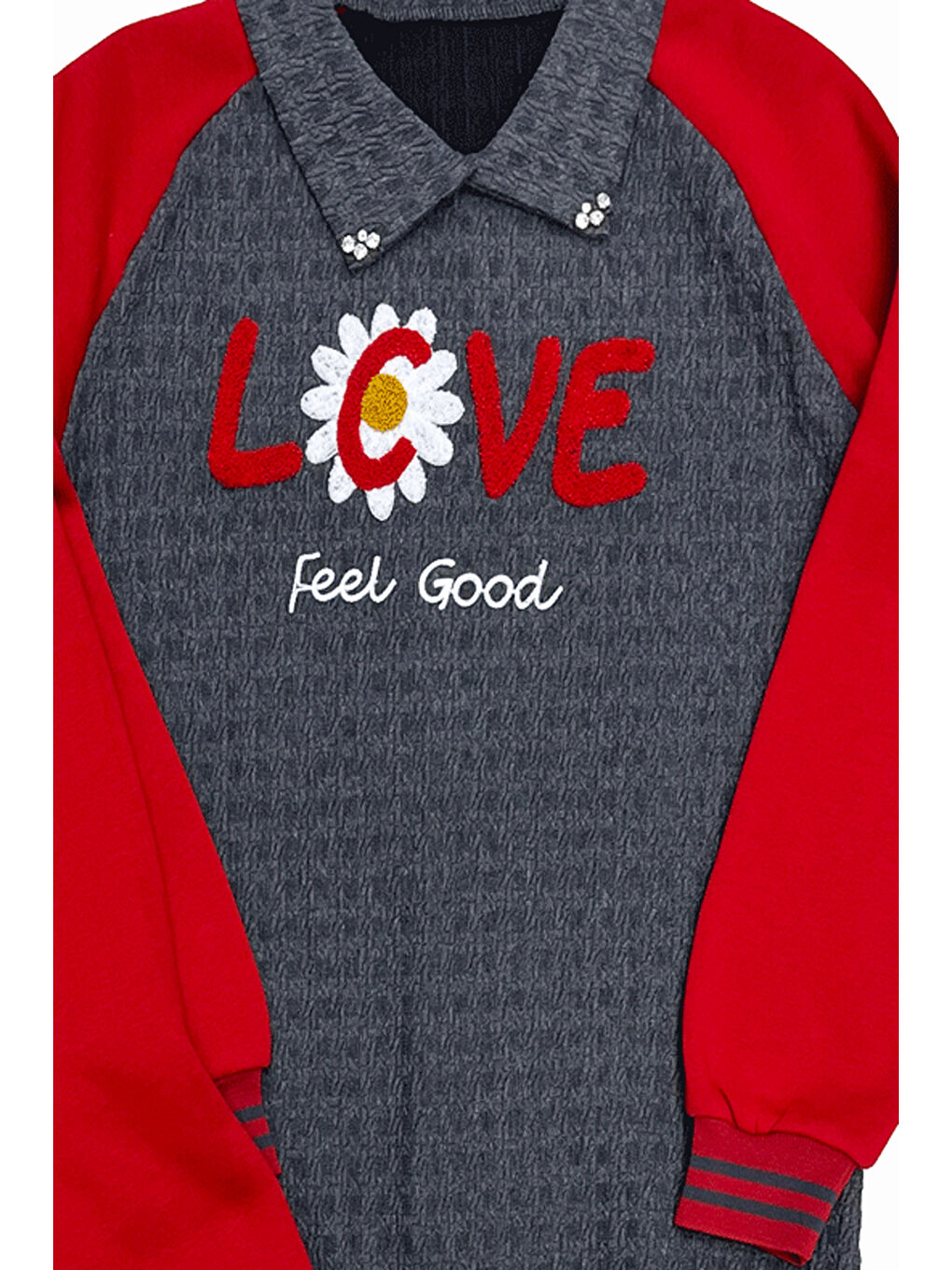 Kırmızı Kız Çocuk Kargo Cepli Gömlek Yakalı ve Yaka Taşlı 3 İplik Alt Üst Takım 12328-3