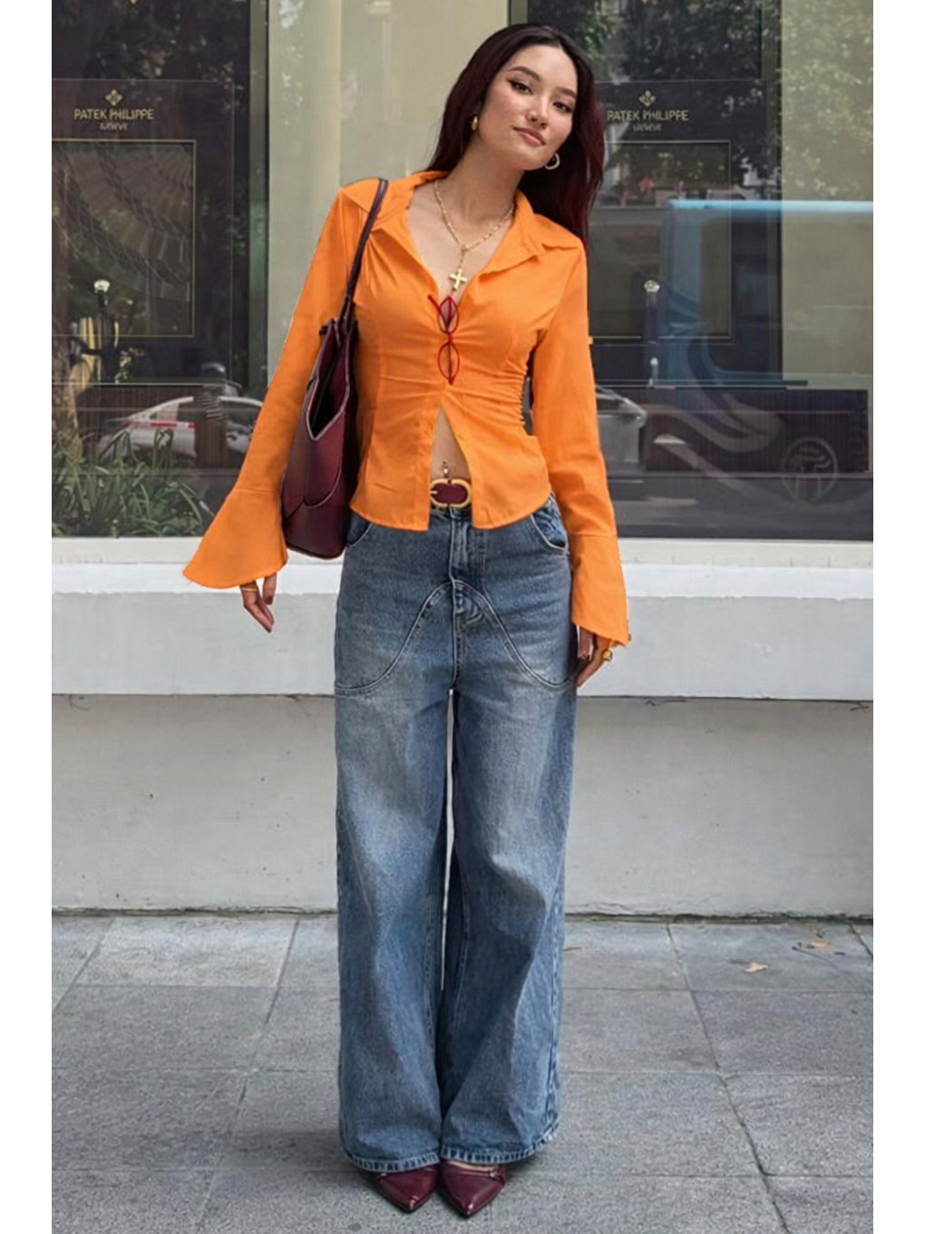 Turuncu Vücuda Oturan Slim Fit Kadın Gömlek Mg2659