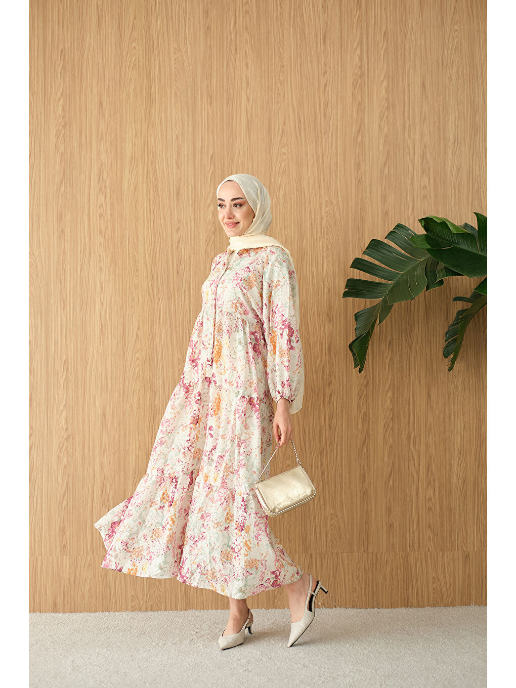 Kadın Vintage Çiçek Desen Elbise Mürdüm-4