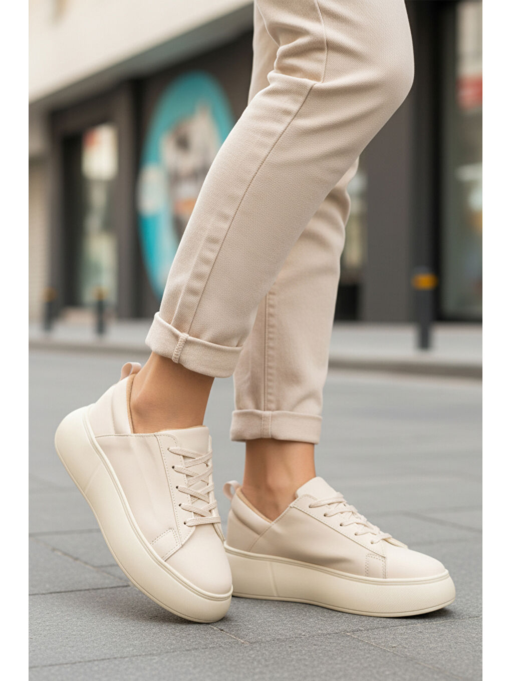 Bej Kalın Taban Bağcıklı Kadın Spor Ayakkabı Termo DV-03 Z-2