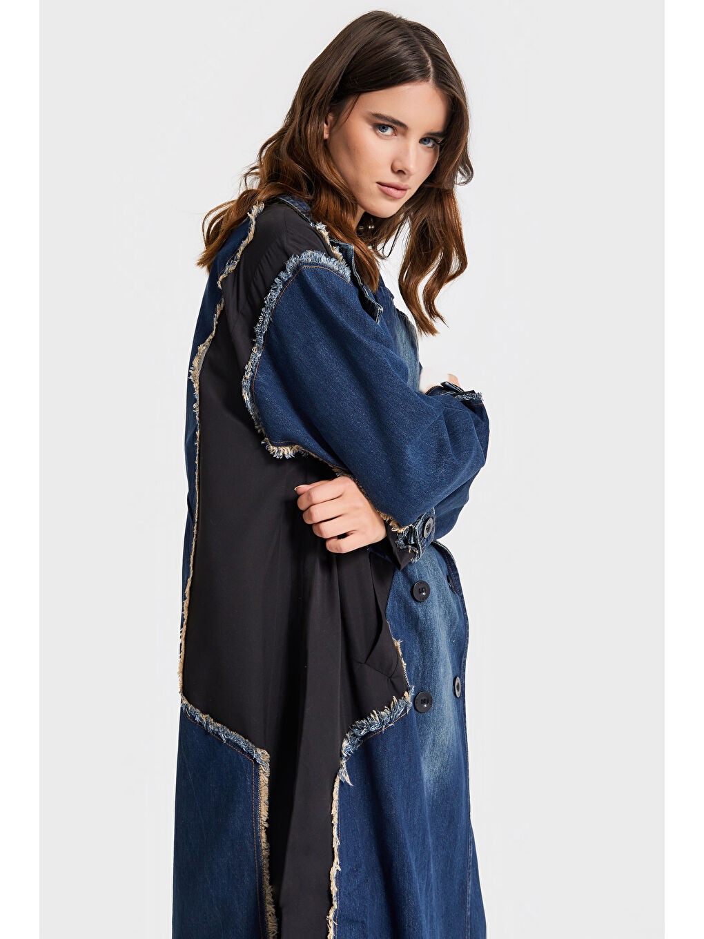 Mavi Kadın Jean Rengi Oversize Çift Parça Kumaş Özel Tasarım Denim Trençkot Kaban-3