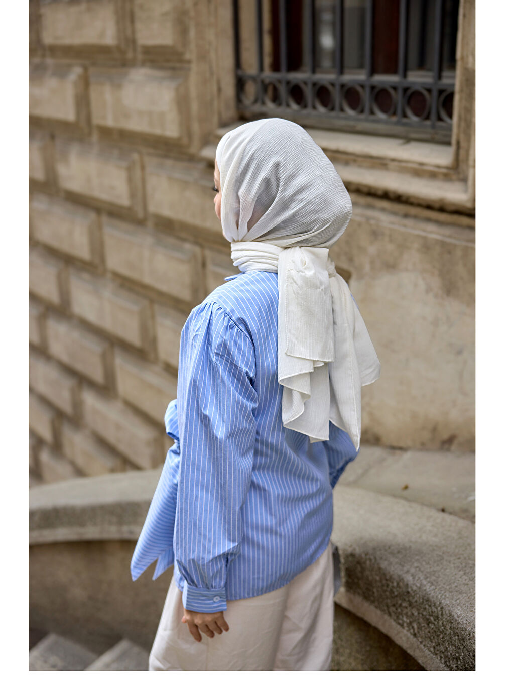 Kadın Yandan Bağlamalı Kalın Çizgili Gömlek Mavi-4