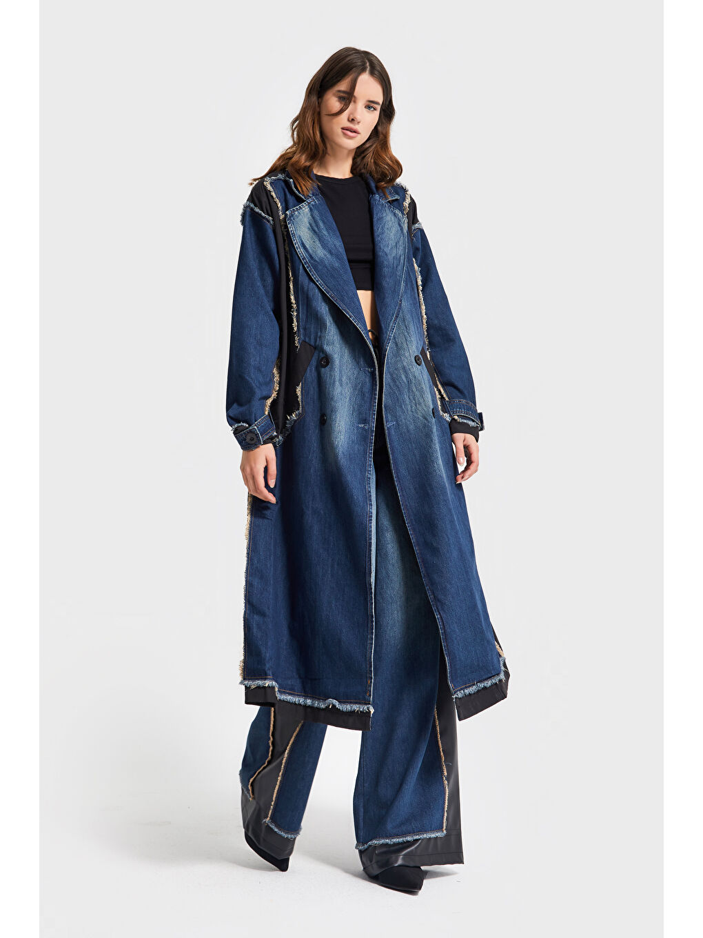 Mavi Kadın Jean Rengi Oversize Çift Parça Kumaş Özel Tasarım Denim Trençkot Kaban-4