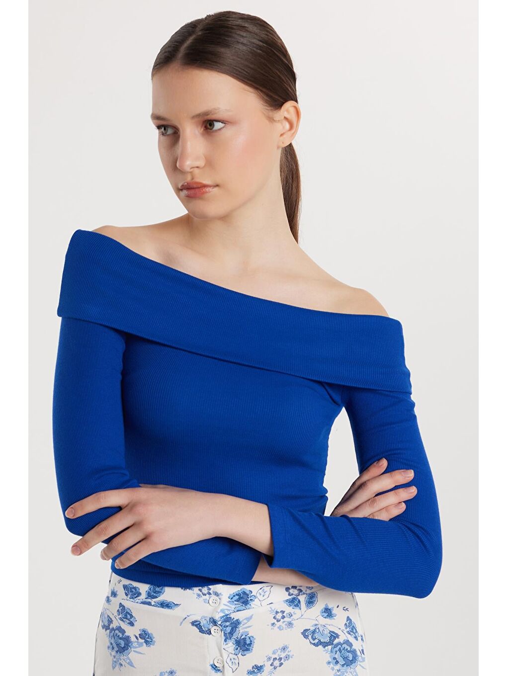 Kadın Slim Fit Modal Kumaş Düz Pamuklu Straplez Mavi Bluz