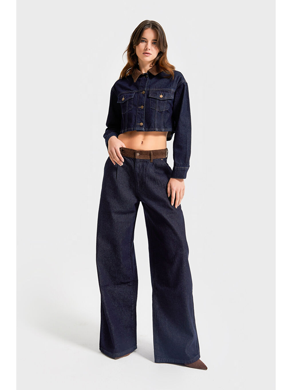 Kadın İndigo Renk 7w5-50 Wide Leg Palazzo Fit Kemer Detaylı %100 Pamuk Özel Tasarım Denim Jean