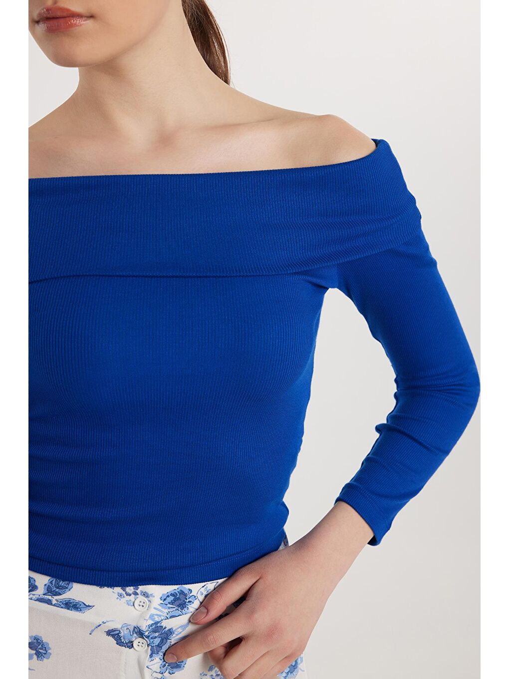 Kadın Slim Fit Modal Kumaş Düz Pamuklu Straplez Mavi Bluz-2