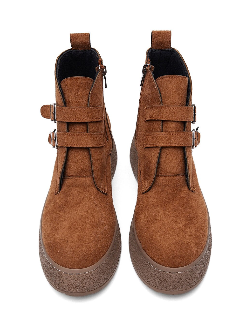 Kahverengi Kadın Taba Süet Rahat Kalıp Yüksek Taban Çift Tokalı Fermuarlı Bot-4