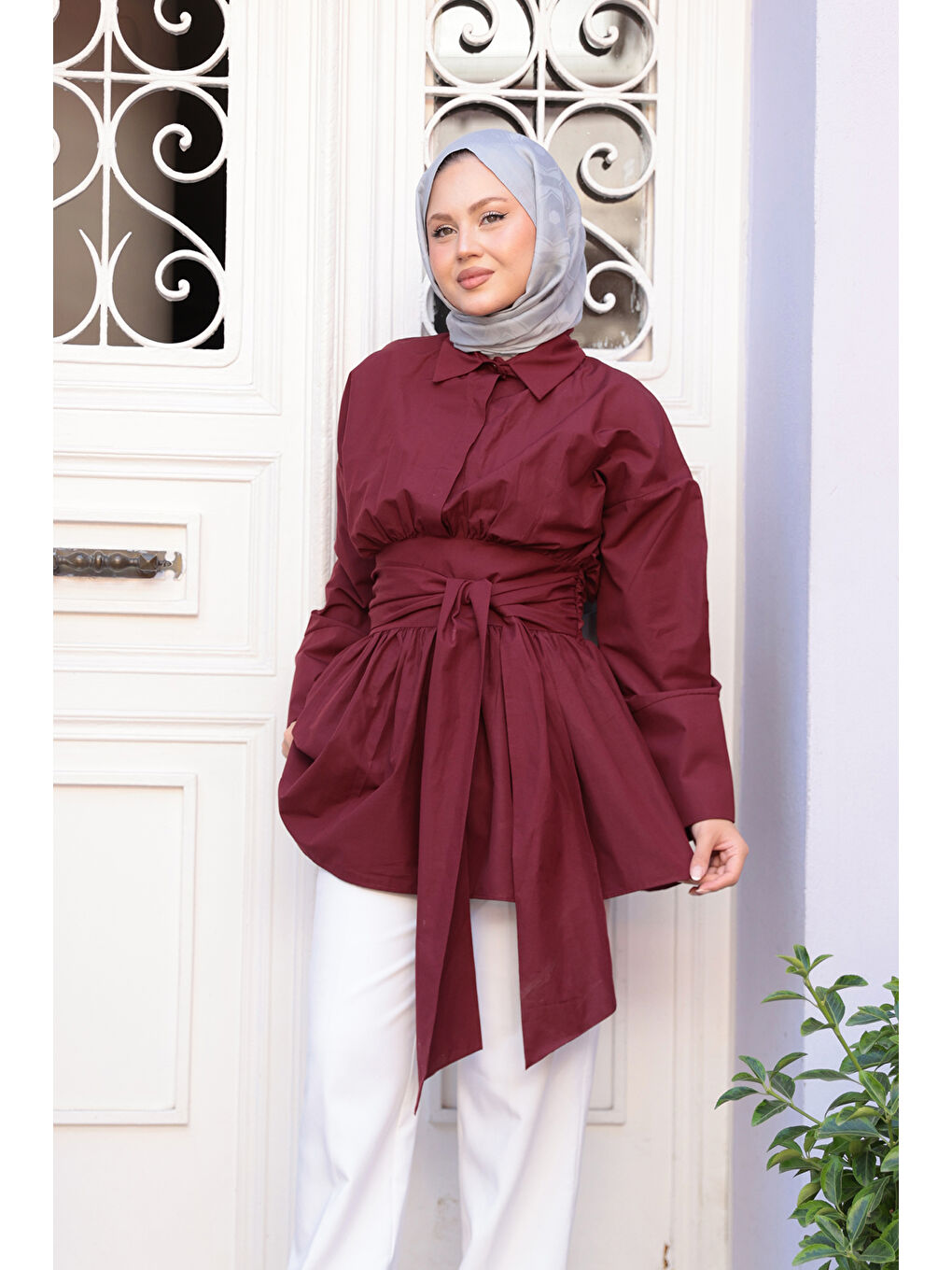 Kadın Bali Poplin Gömlek Bordo-3