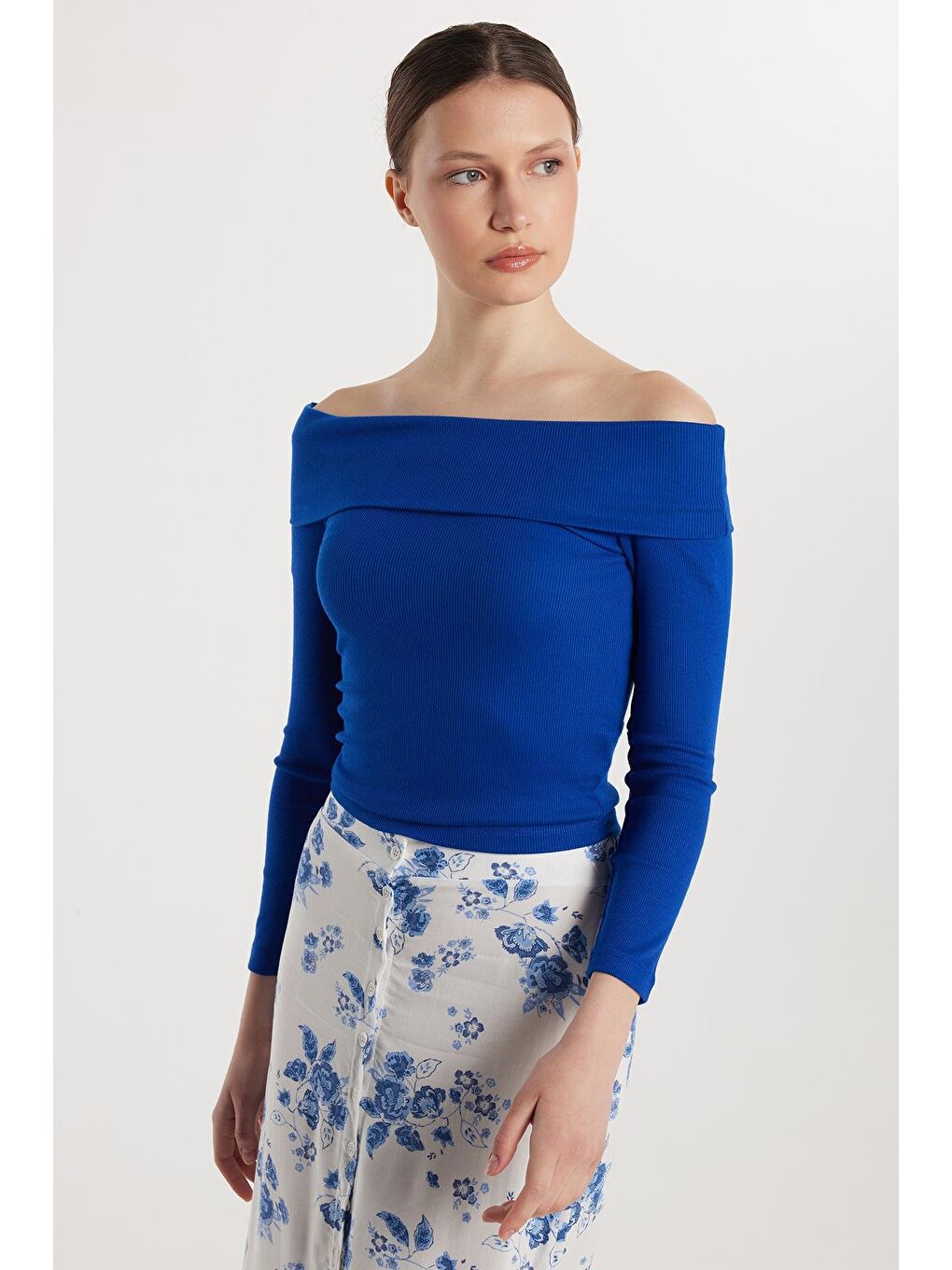 Kadın Slim Fit Modal Kumaş Düz Pamuklu Straplez Mavi Bluz-3