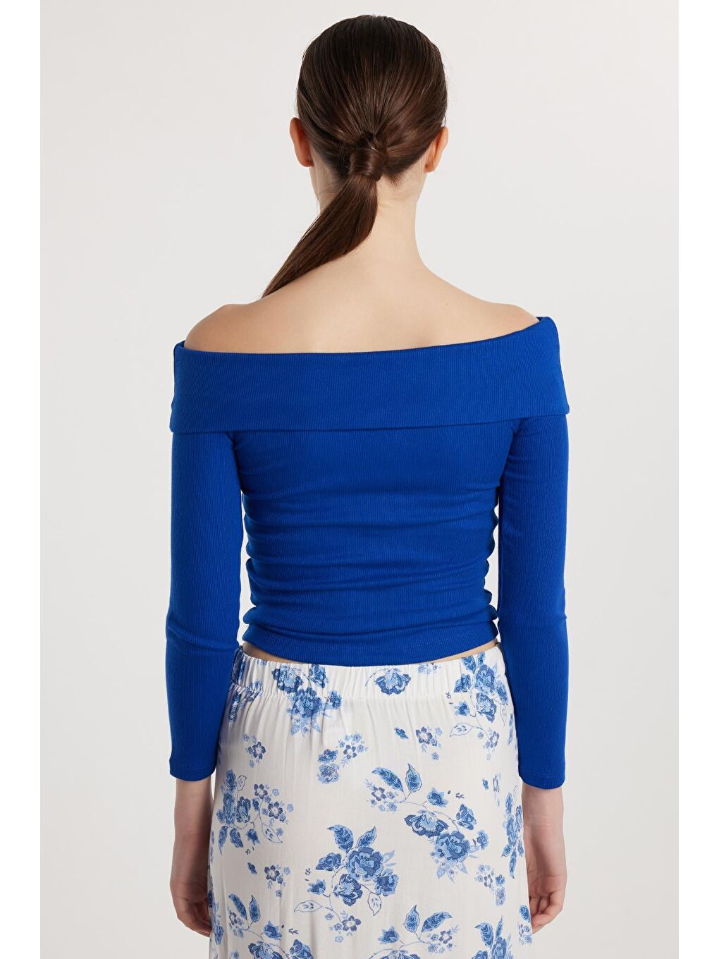 Kadın Slim Fit Modal Kumaş Düz Pamuklu Straplez Mavi Bluz-4