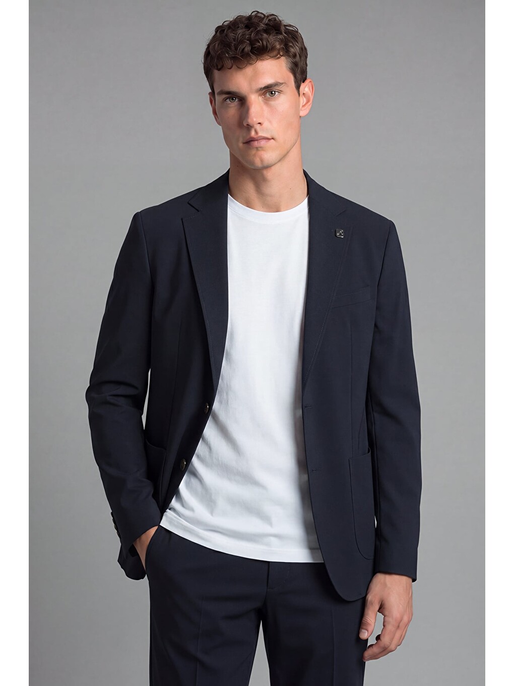 Lacivert Regular Fit 6 Drop Mono Yaka Pamuklu Astarsız Takım Elbise