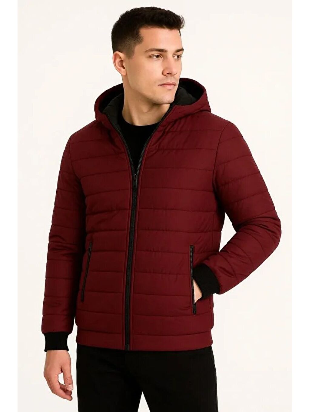 Bordo Erkek Şişme Kapüşonlu Fermuarlı Mont-1