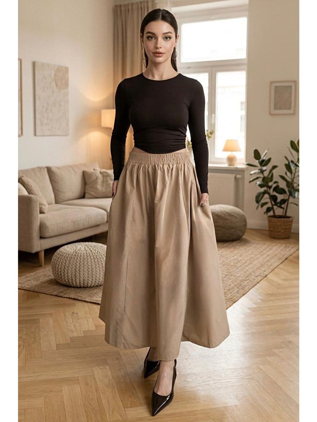 Bej Beli Lastikli Midi Boy Kadın Etek Mg2616