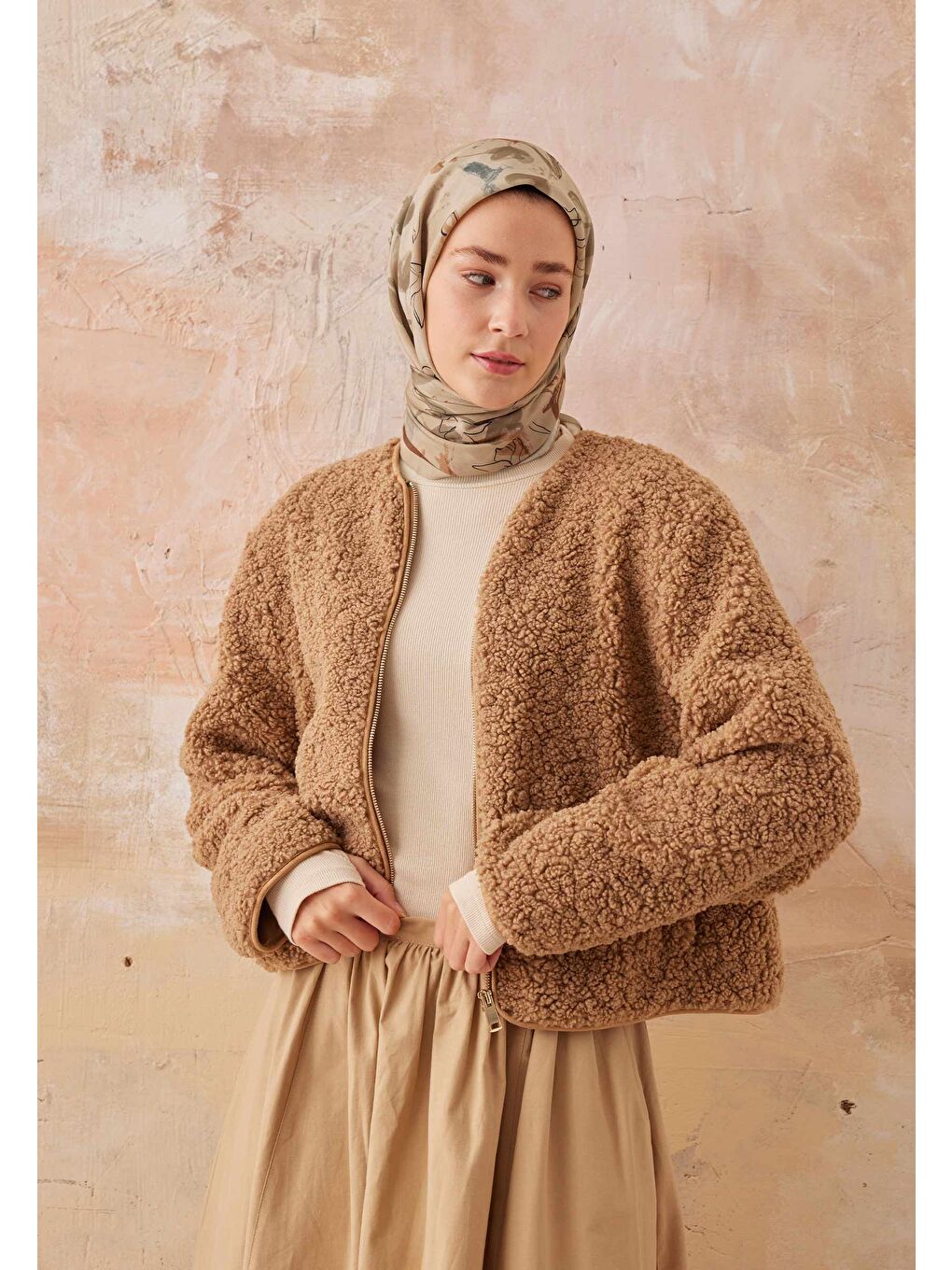 Kahverengi Hera Desen Pamuk İpek Eşarp Sütlü Kahve-3