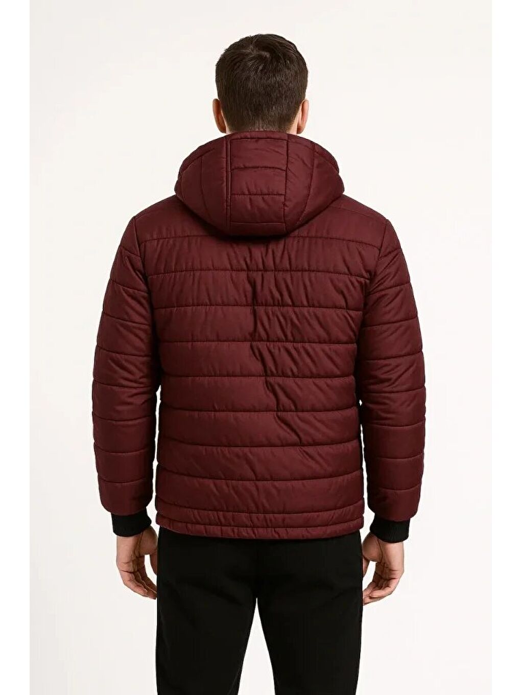 Bordo Erkek Şişme Kapüşonlu Fermuarlı Mont-2