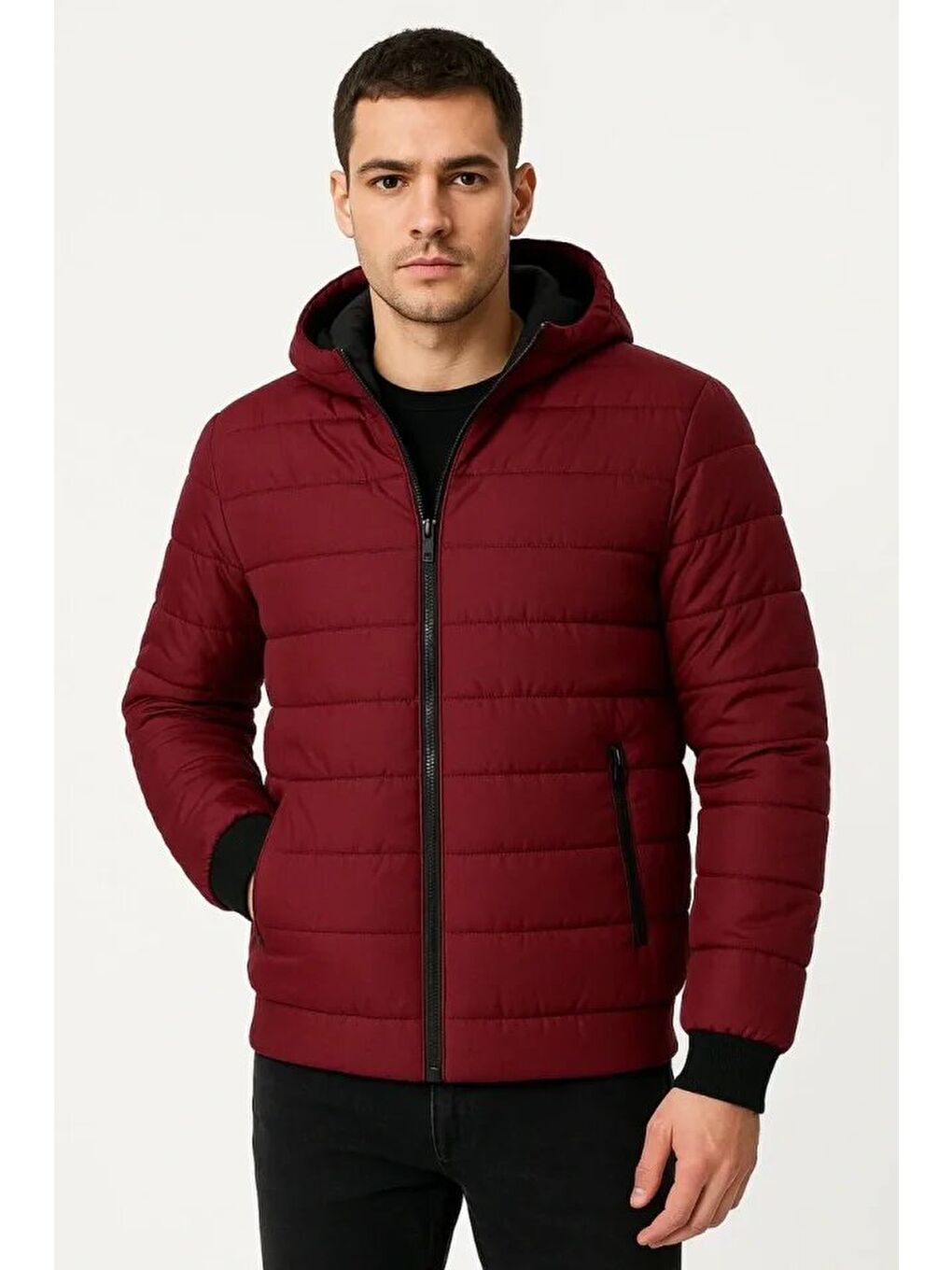 Bordo Erkek Şişme Kapüşonlu Fermuarlı Mont-3