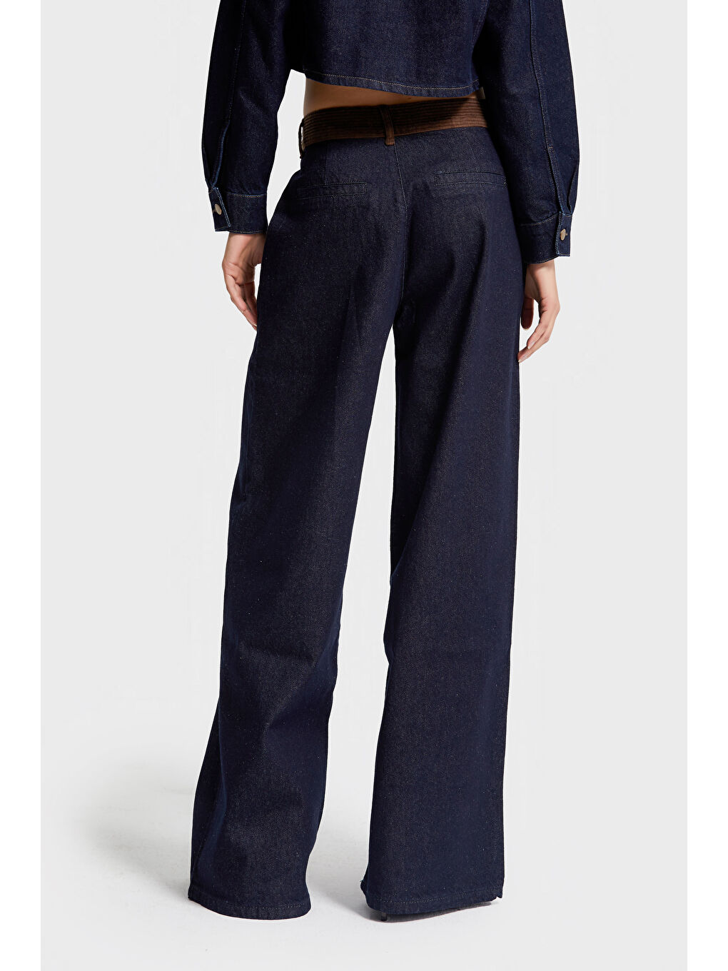 Kadın İndigo Renk 7w5-50 Wide Leg Palazzo Fit Kemer Detaylı %100 Pamuk Özel Tasarım Denim Jean-3