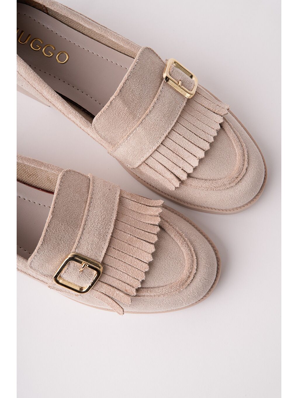 Bej TUFT Gold Tokalı Püsküllü Süet Kadın Günlük Loafer Ayakkabı-1