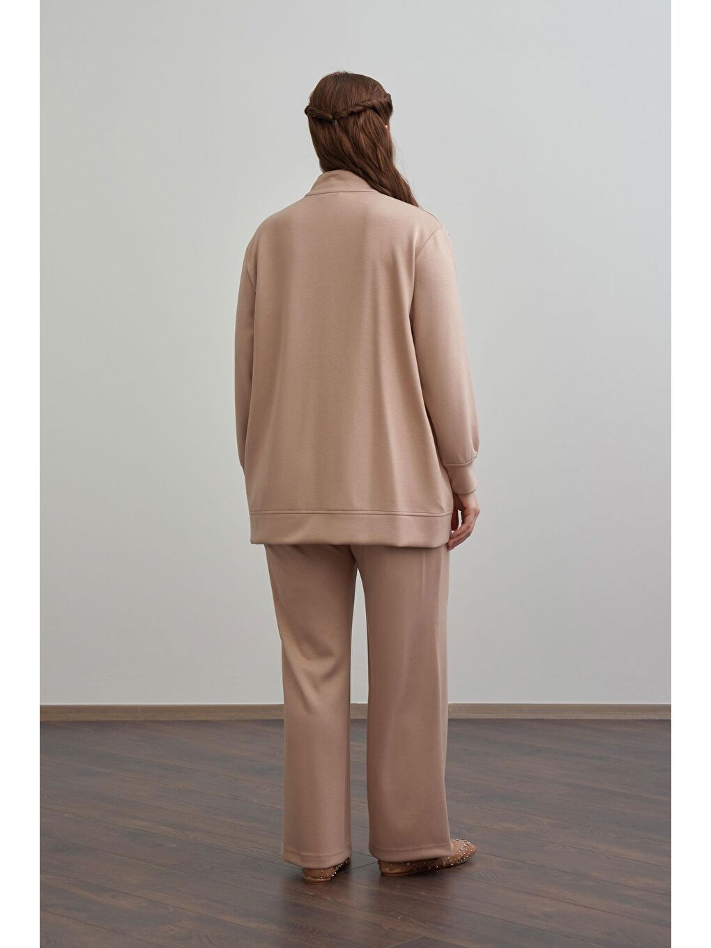 Bej Vizon-Yumuşak Dokulu Büyük Beden Droplu Eşofman Takımı-2