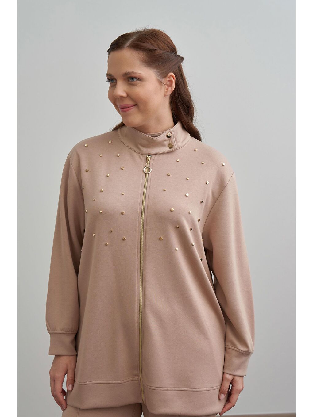 Bej Vizon-Yumuşak Dokulu Büyük Beden Droplu Eşofman Takımı-3