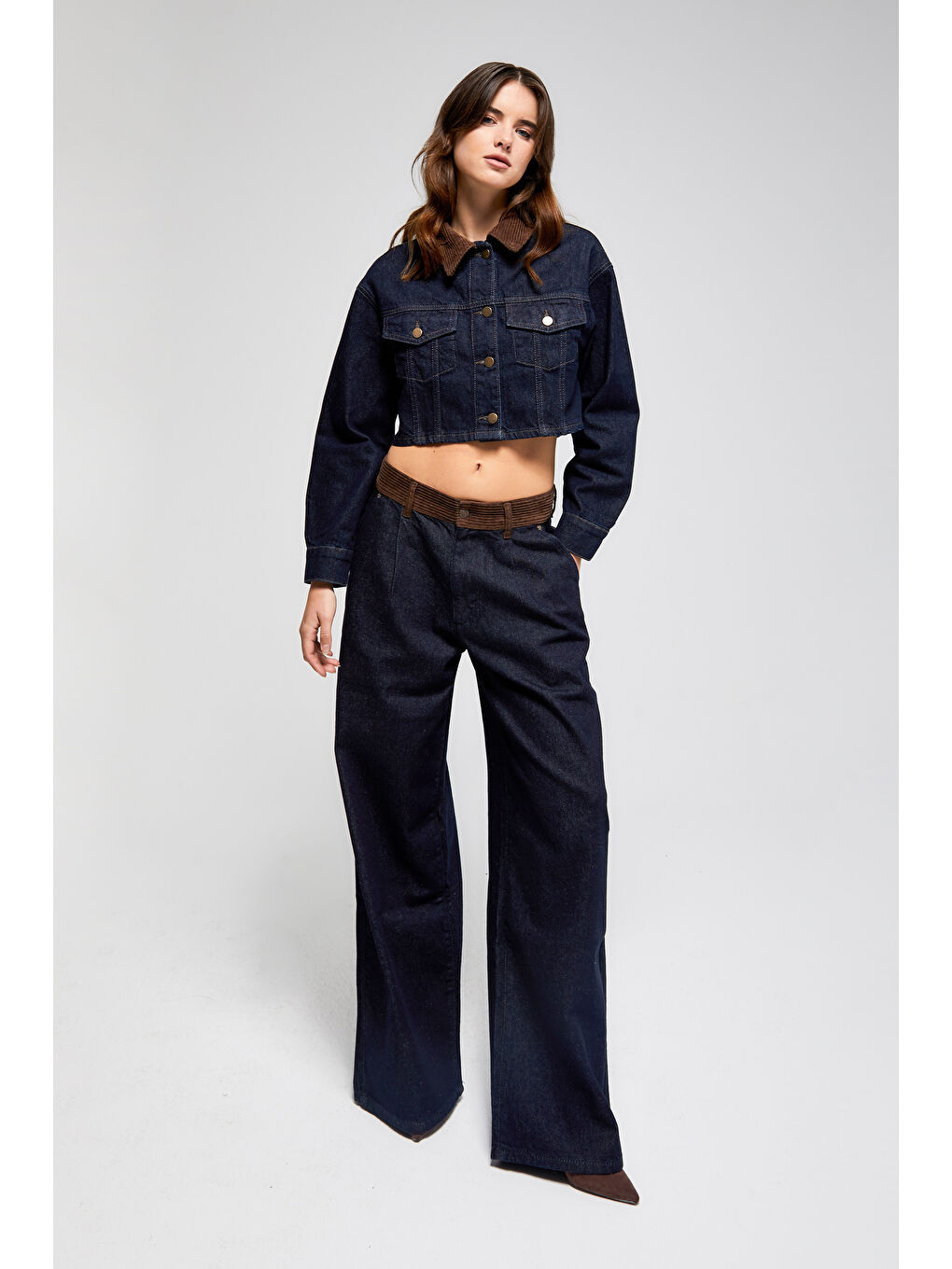 Kadın İndigo Renk 7w5-50 Wide Leg Palazzo Fit Kemer Detaylı %100 Pamuk Özel Tasarım Denim Jean-4