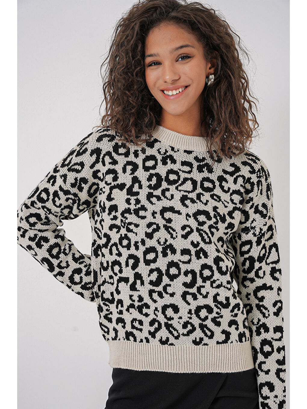 15909 Kadın Desenli Oversize Triko Kazak - Ekru