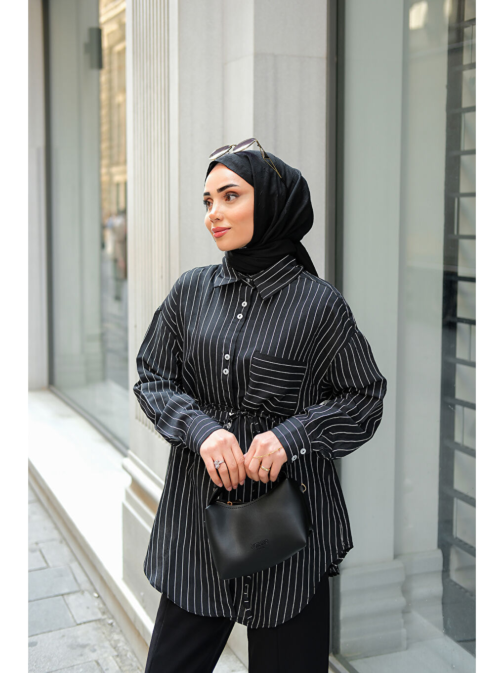 Kadın Çizgili Gömlek Siyah-1