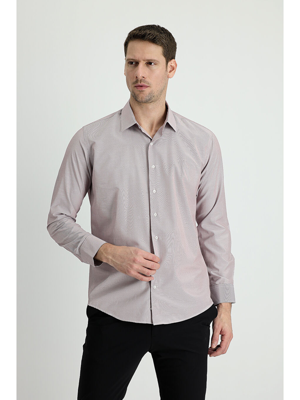 Bordo Uzun Kol Slim Fit Dar Kesim Klasik Çizgili Pamuklu Kolay Ütülenebilir Gömlek