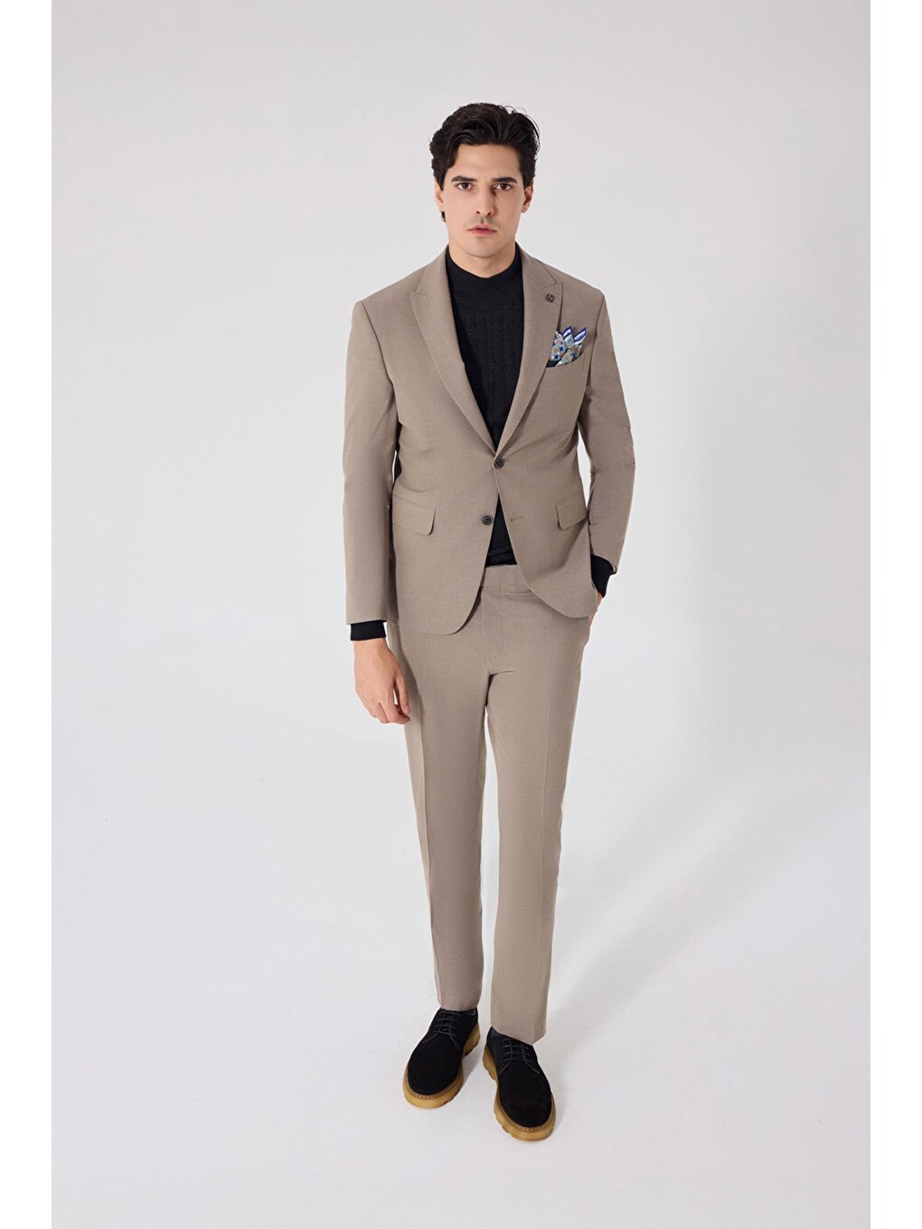Kahverengi Açık Kahve Slim Fit Yünlü Ceket Yaka Fleto Kapaklı Cep Çift Yırtmaçlı 6 Drop Takım Elbise