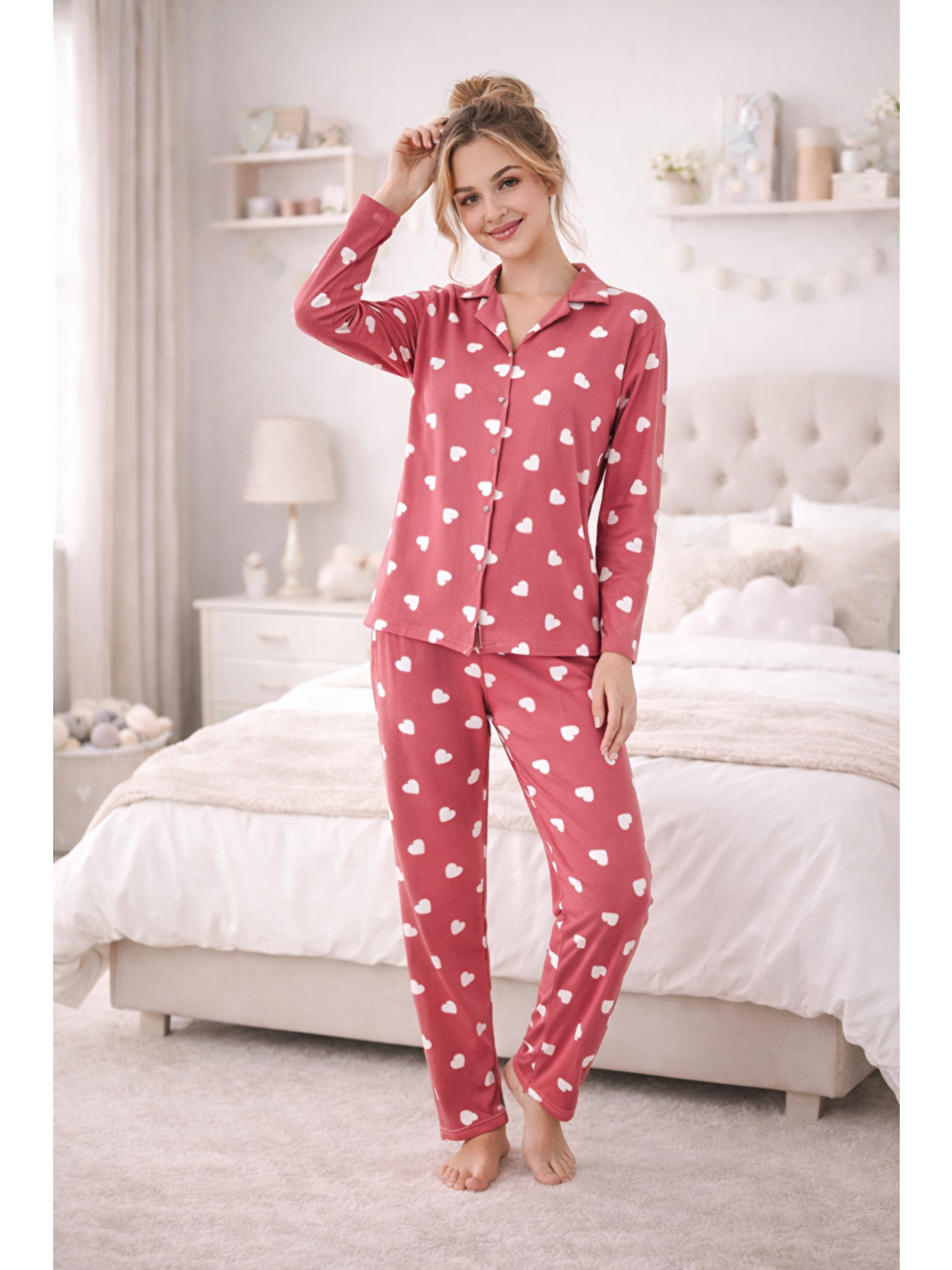 Pembe Kadın Kalpli Kaliteli Milan Kumaş Gömlek Yaka Düğmeli Yumuşak Tuşe Pijama Takımı