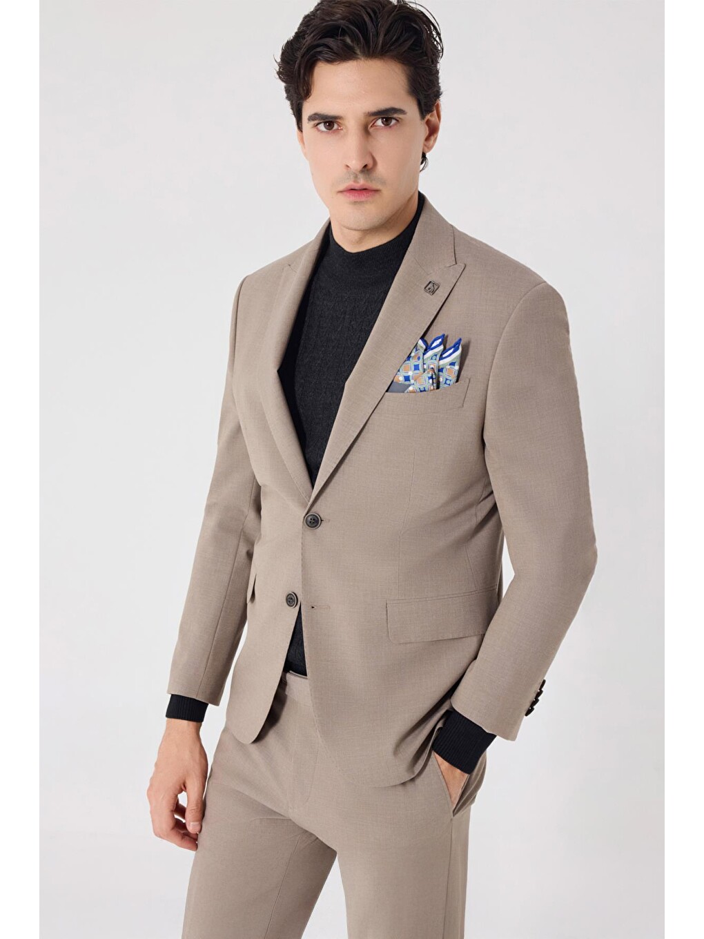 Kahverengi Açık Kahve Slim Fit Yünlü Ceket Yaka Fleto Kapaklı Cep Çift Yırtmaçlı 6 Drop Takım Elbise-1