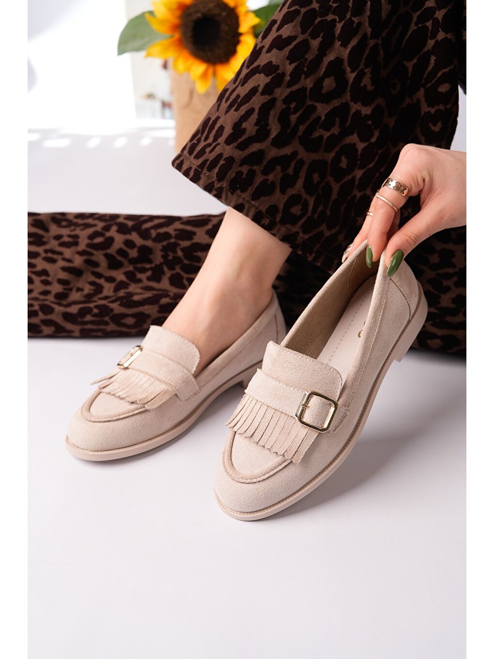 Bej TUFT Gold Tokalı Püsküllü Süet Kadın Günlük Loafer Ayakkabı-7