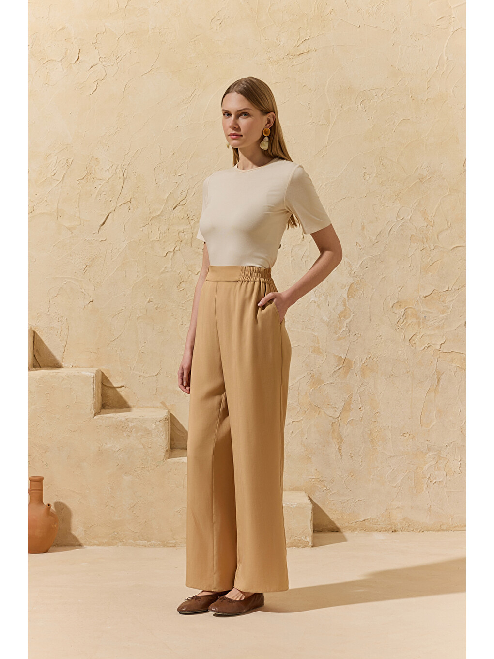 Kahverengi Camel Yarım Lastikli Pantolon-1