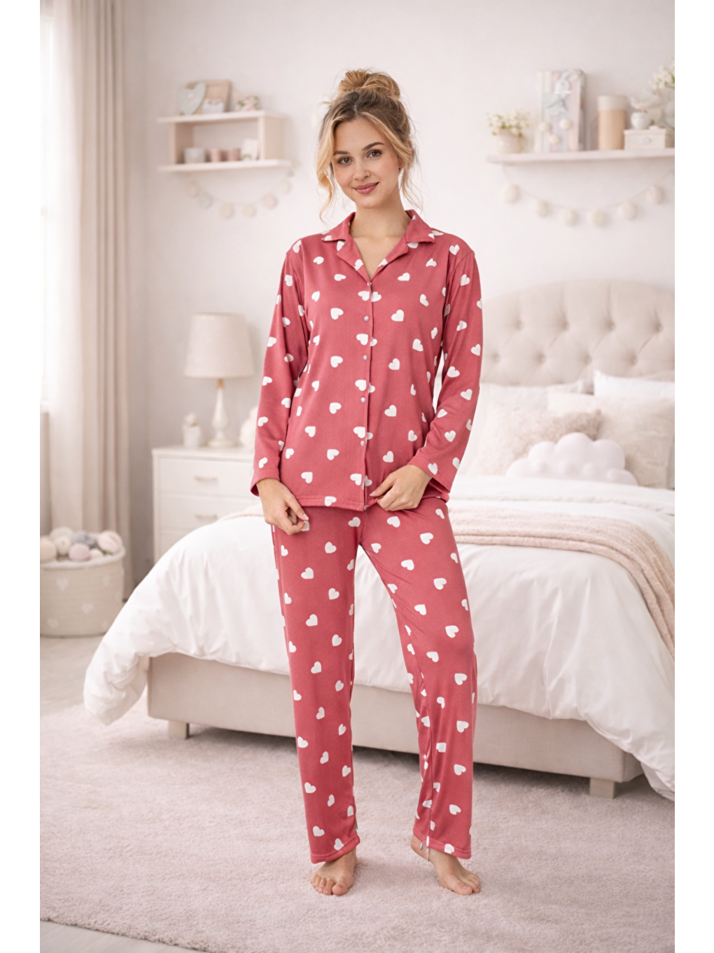 Pembe Kadın Kalpli Kaliteli Milan Kumaş Gömlek Yaka Düğmeli Yumuşak Tuşe Pijama Takımı-2