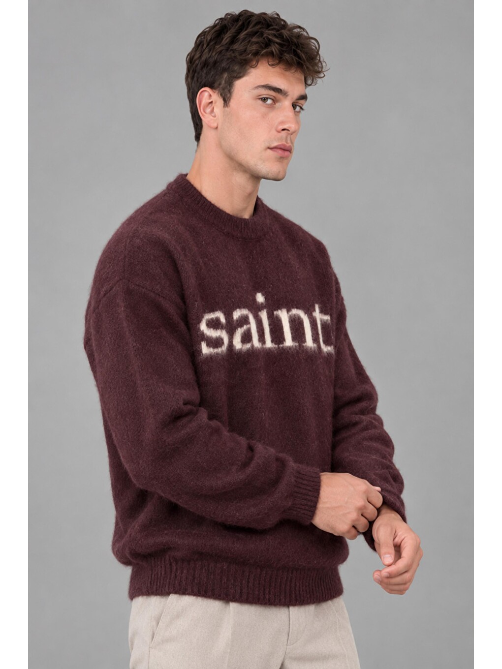Bordo Yarım Oversize Baskılı Kışlık Kazak Dp16630_10070-2