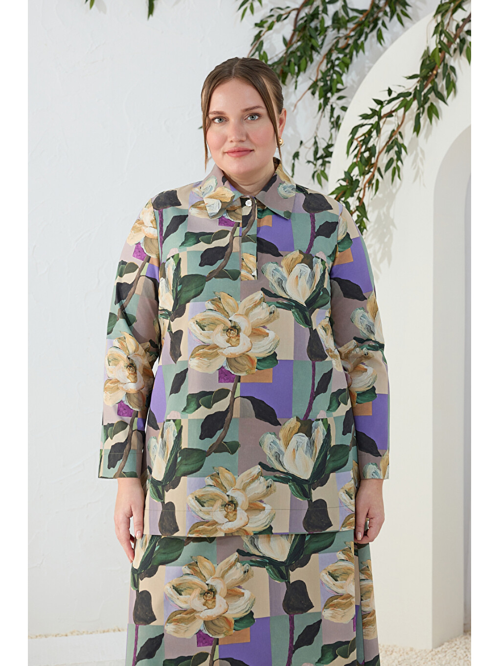 Yeşil Desenli Poplin Tunik-1