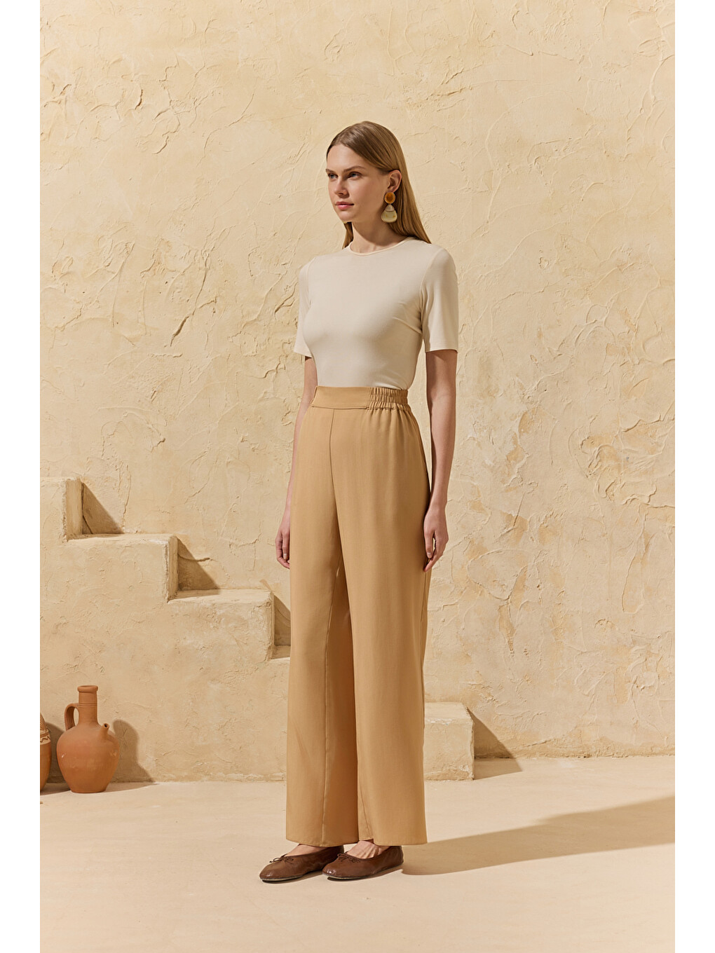 Kahverengi Camel Yarım Lastikli Pantolon-2