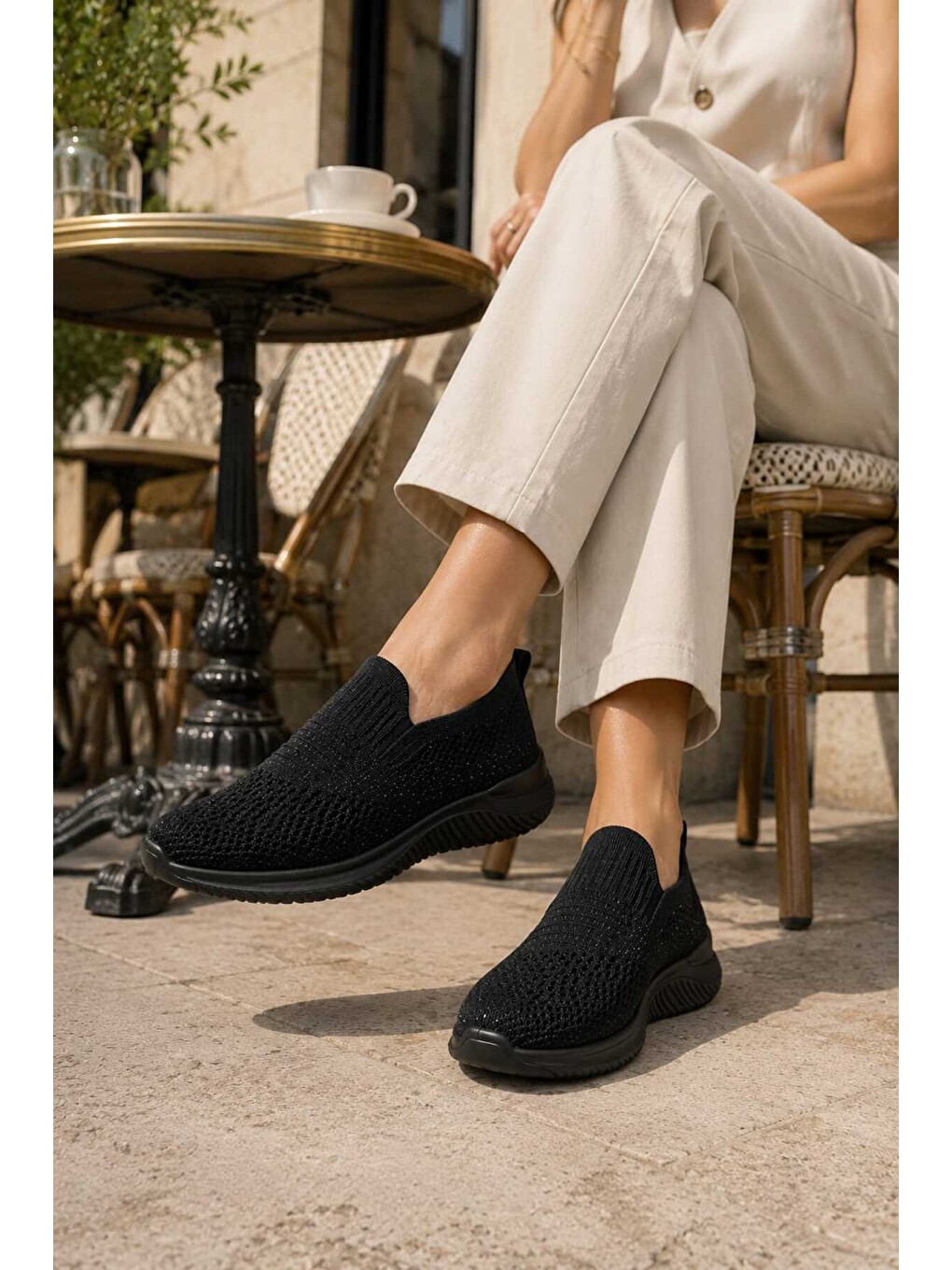 Siyah Kadın Simli Triko Slip-on Günlük Sneaker Hafif Konfor Yürüyüş Ayakkabısı-2