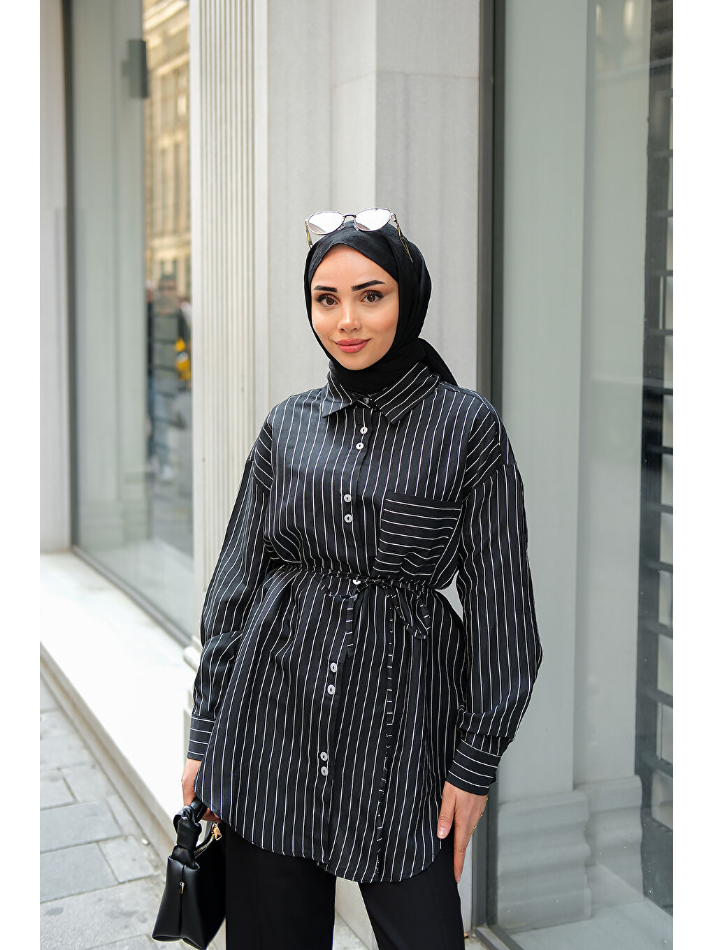 Kadın Çizgili Gömlek Siyah-2